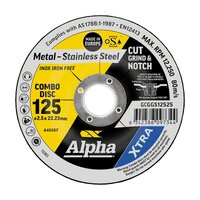Alpha 125 x 2.5mm Cutting Disc Cut Grind & Notch Combo Stainless XTRA Bulk GCGGS12525